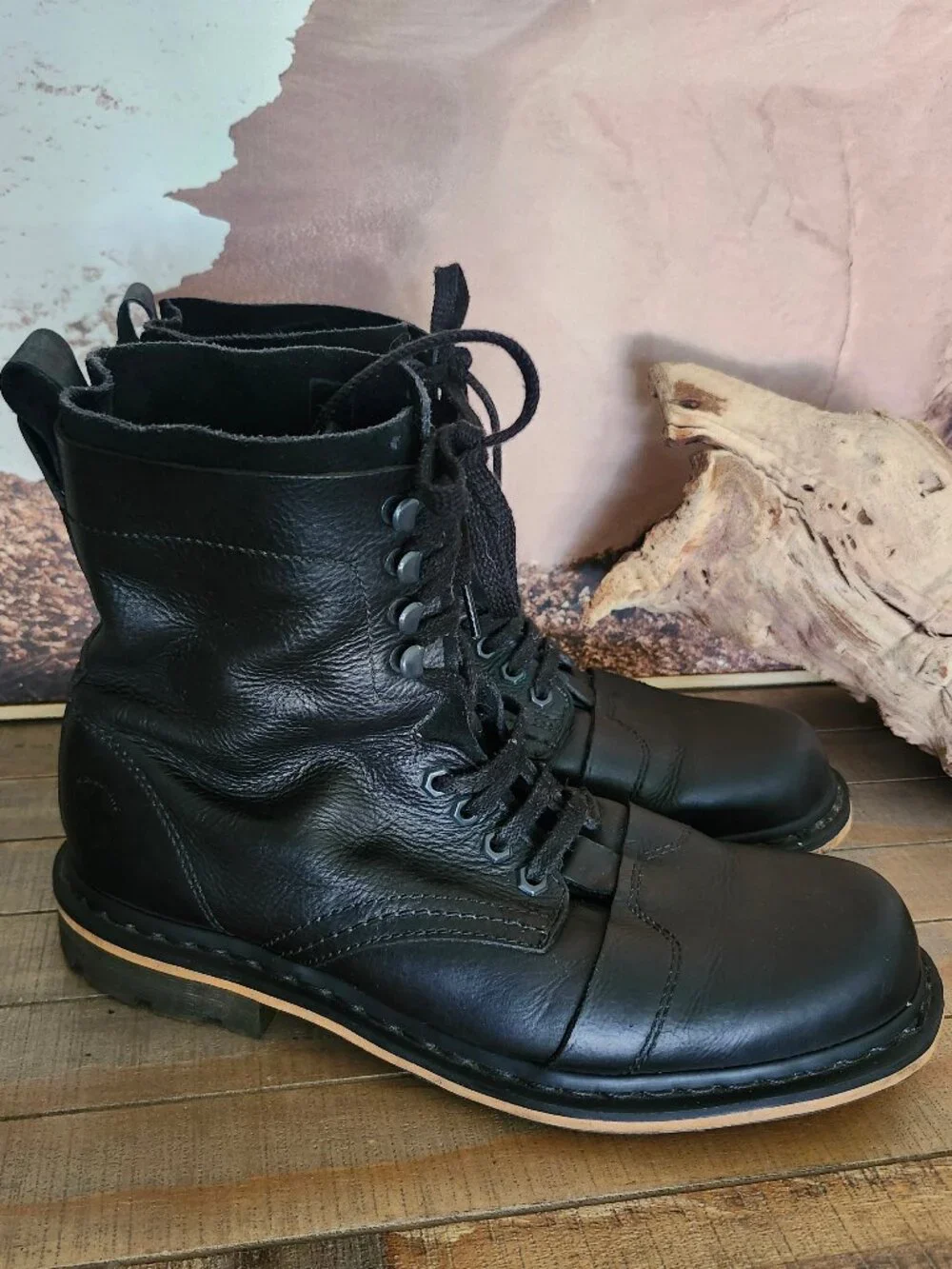 DR. MARTENS Black Pier Polished Wyoming Suede/Leather Cap Toe Boots Men's 11